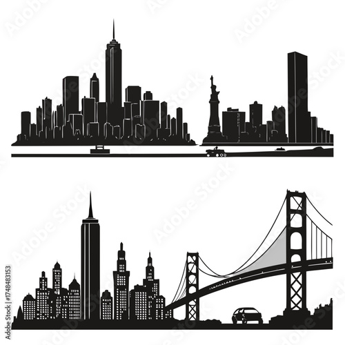 Two black city skylines with iconic landmarks and bridges