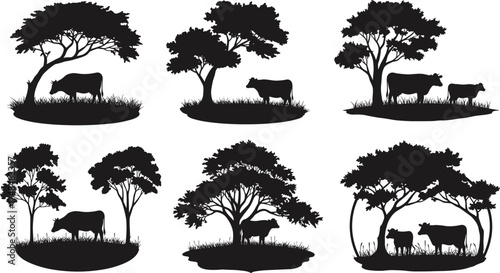 Black cow and calf silhouettes under trees with grass rural farm countryside vector illustration set peaceful nature livestock landscape design