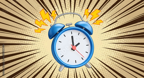 Vector illustration of a pop art comic style alarm clock on an explosion background, a dynamic wake up concept