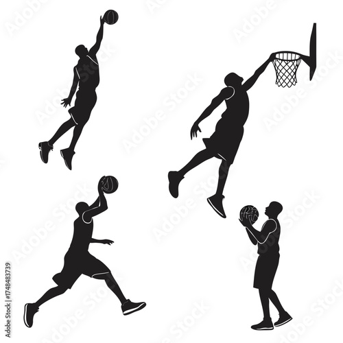 Four black silhouette basketball players in action