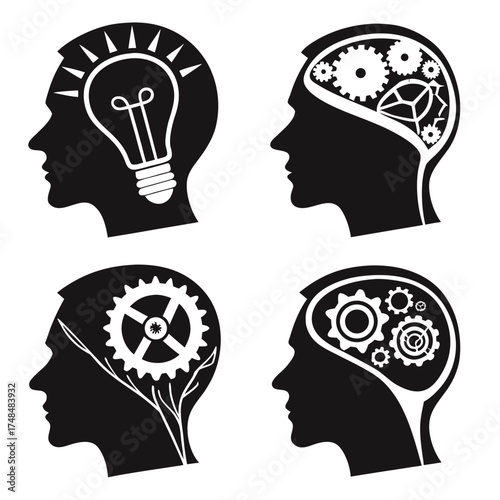 Four black silhouette heads with internal concepts