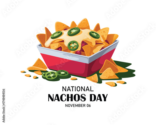 National Nachos Day vector. Mexican nachos corn tortilla with cheese and peppers icon vector. Nacho chips in a box vector. Nachos Day Poster, November 6.