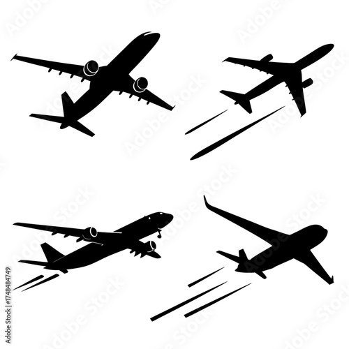 Four black airplane silhouettes in various flight poses
