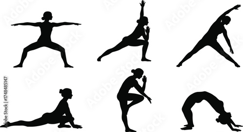 Black silhouette vector illustration of six yoga poses including warrior, triangle, tree, wheel, lizard, meditation, fitness exercise, wellness concept