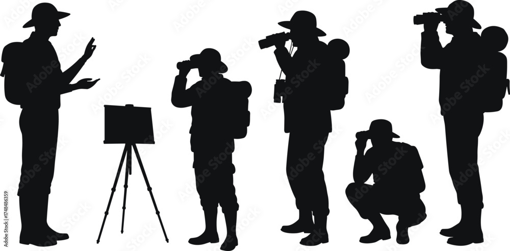 Obraz premium Birdwatching silhouettes with binoculars, outdoor nature observation, educational tour, backpack gear, black figures, pointing gestures, squatting pose, vector illustration, white background