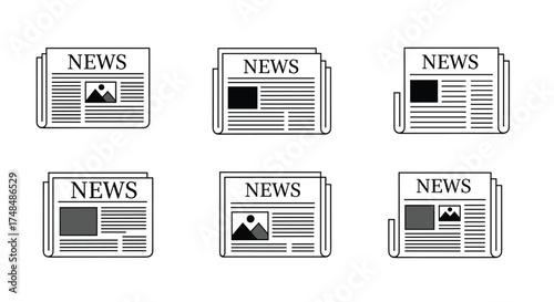 Illustrations of various newspapers with the word news prominently displayed on the front page.