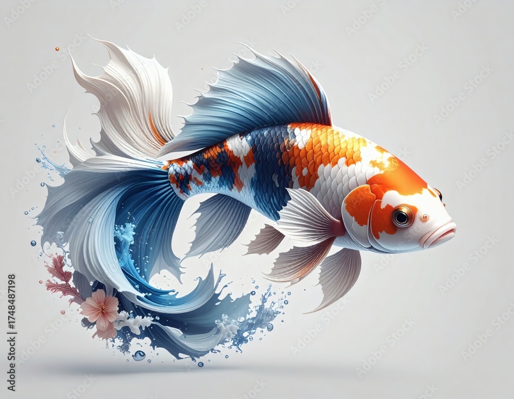 Fototapeta premium Graceful fantail goldfish illustration with elegant flowing fins creating a dynamic blue and orange water splash effect