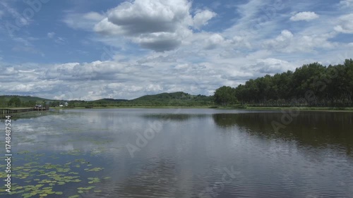 Calm lake reflect a beautiful blue sky, white clouds, surrounded by green forest