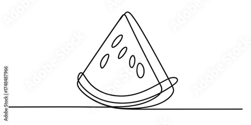 This continuous line drawing depicts a refreshing slice of watermelon, showcasing its internal structure and seeds with a single, unbroken stroke. An artistic representation of a summer fruit.