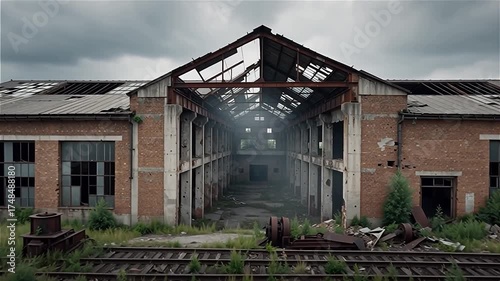 Ancienne usine abandonnée près de voies ferrées sous un ciel orageux