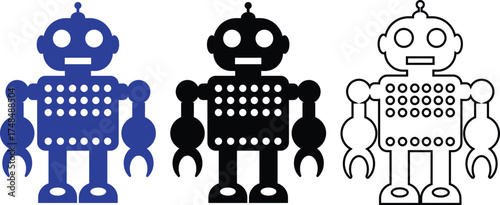 Retro robot blue and black icon set in flat and line style vector Group and collection of vintage androids, droids, bots, cyborgs, mechanical machines and humanoid robots.