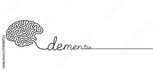 Brain line art forming word dementia — minimal concept illustration