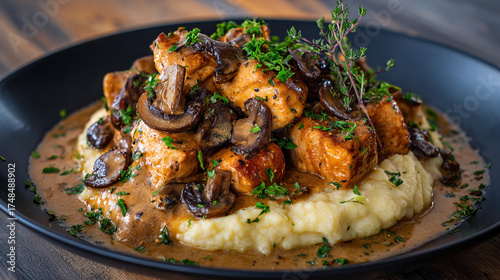Creamy mushroom and thyme braised chicken on mushroom puree