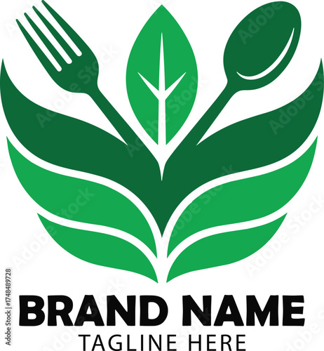 A logo featuring a fork and spoon with leaves suggesting a healthy food concept