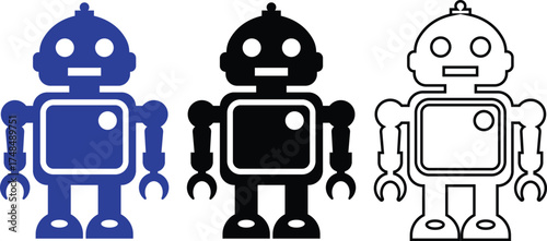 Retro robot blue and black icon set in flat and line style vector Group and collection of vintage androids, droids, bots, cyborgs, mechanical machines and humanoid robots.