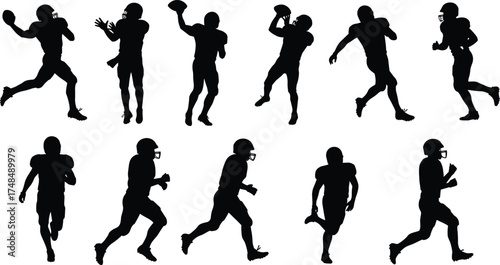 American Football Silhouette Vector Collection Featuring Dynamic Player Poses, Athletic Motion, and Helmeted Figures for Sports, Team, and Digital Design Projects