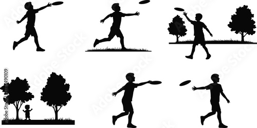 Silhouette frisbee players in park, outdoor disc throwing and catching, active lifestyle, nature background, fitness activity, children and adults playing together