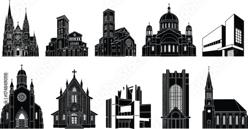 Collection of church and cathedral silhouette vector illustration set featuring gothic, modern, and classical religious architecture design elements for urban cityscape artwork