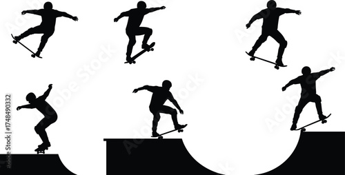 Skateboarding silhouettes, extreme sports action, ramp tricks, urban lifestyle, youth culture, dynamic poses, black vector icons, skateboarding illustration for design and marketing