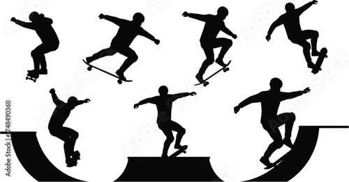 Skateboarding silhouette illustration, extreme sports tricks, ramp stunts, urban youth culture, dynamic poses, black vector icons, freestyle skateboarding for design and marketing