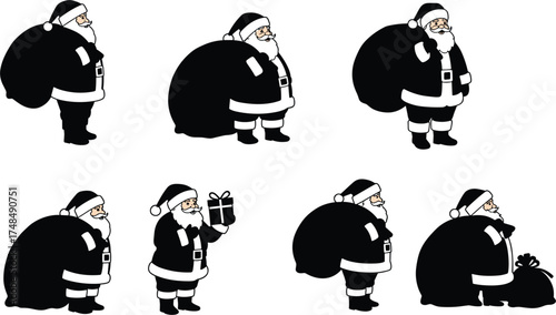 Santa Claus cartoon character set, Christmas gift delivery poses, festive holiday illustration, Santa with sack, seasonal celebration, cheerful winter artwork