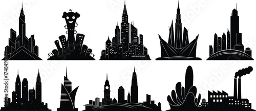 Collection of modern city skyline silhouette vector illustration set featuring futuristic skyscrapers, urban architecture, and industrial building designs for cityscape artwork