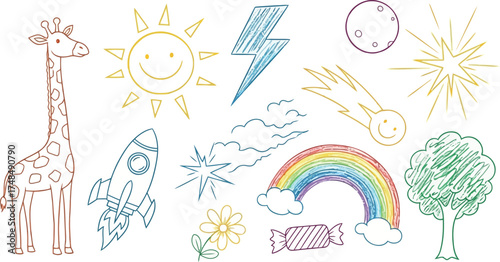 Vector art of assortment of crayon drawings featuring a giraffe, rocket, and celestial objects
