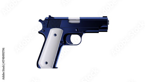 Blue pistol with white handle isolated on transparent background, a firearm design
