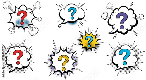 Several comic book style thought bubbles with question marks inside.