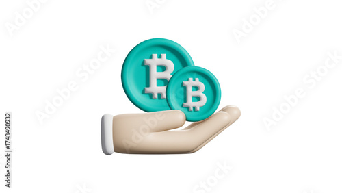 Hand holding turquoise bitcoin coins isolated on transparent background
