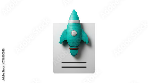 Pixelated turquoise rocket ship on a white card isolated on transparent background
