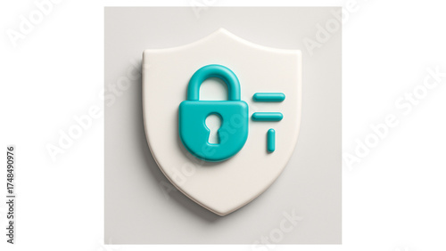 Turquoise padlock on a white shield isolated on white background

