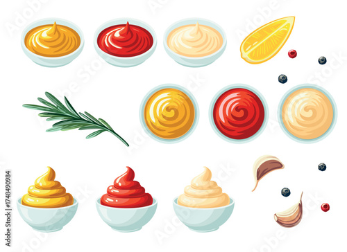 Set of various sauces - ketchup, mustard, mayonnaise and seasonings. Vector illustration
