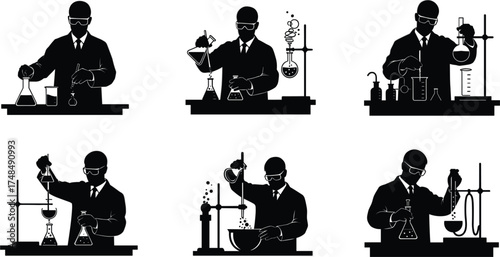 Scientist in laboratory, conducting experiments, using glassware, safety goggles, lab coat, chemistry research, scientific process, black and white illustration, educational concept