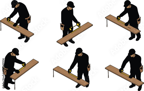 Carpenter measuring wooden plank, precision woodworking technique, professional craftsman in black outfit using tape measure, carpentry workflow, construction planning, DIY project setup