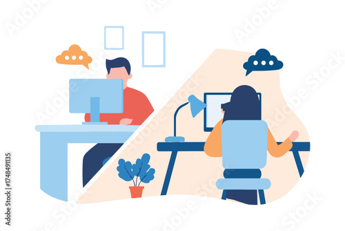 Online Communication Between Coworkers via Computer Illustration