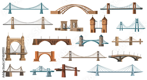 A diverse collection of various bridge designs and architectural styles.