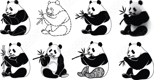 Collection of panda silhouette vector illustration set featuring cute pandas eating bamboo, wildlife animal art for zoo, nature, and conservation themed designs