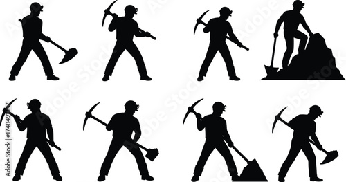 Mining silhouettes, workers with tools, pickaxe, shovel, helmet, underground labor, black illustration, industrial job, hazardous work, vector graphic, miner poses