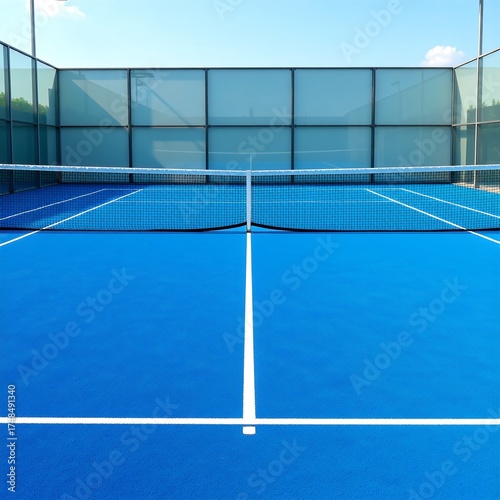 A vibrant blue padel tennis court, a space for leisure and sport, featuring a net and lines, ideal for recreational activities and physical fitness in an outdoor setting