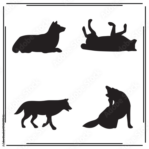 Silhouette of Wolves: Running, Walking, and Sitting - Set of Black Wolf Illustrations on White Background