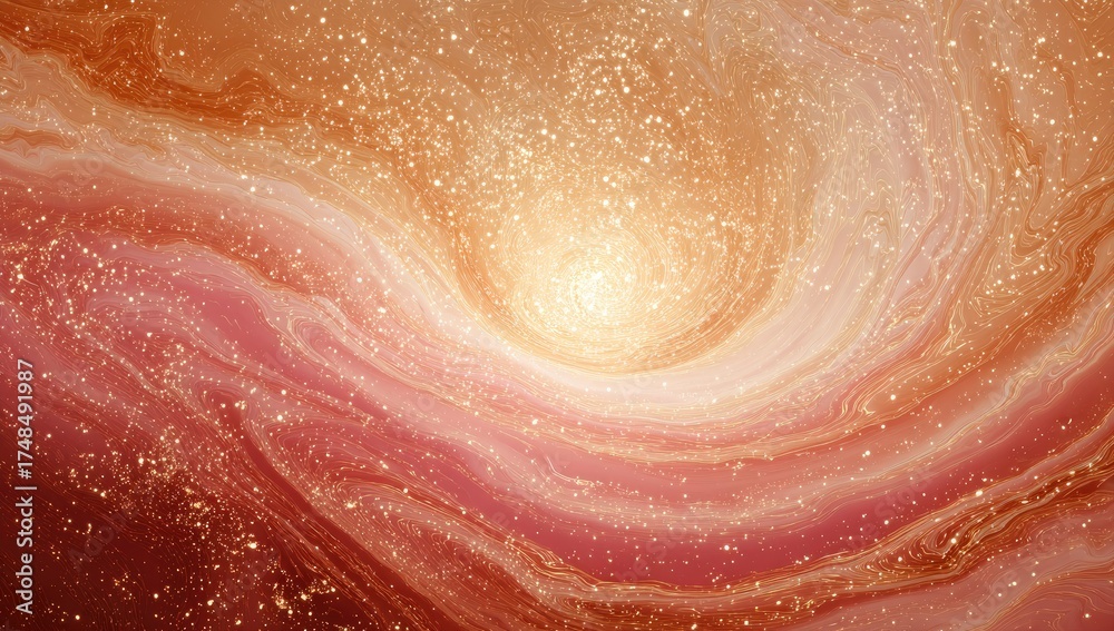 Fototapeta premium A swirling vortex of warm, peachy-orange and rose hues, interspersed with glittering gold particles, evokes a celestial or ethereal feeling, radiating from a luminous center