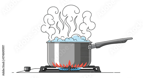 A saucepan of water is bubbling vigorously on a gas stove with blue flames visible beneath.