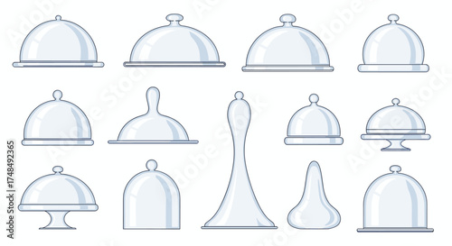 A collection of various clear glass food cloches with different bases for serving and protecting dishes.