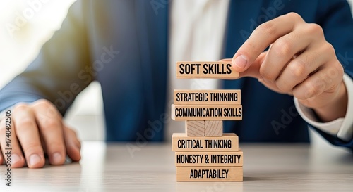 Man Stacking Wooden Blocks with Soft Skills, Strategic, Communication, Honesty Text
