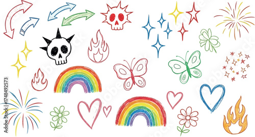 Vector art of assortment of handdrawn doodles featuring skulls, flames, rainbows, and hearts