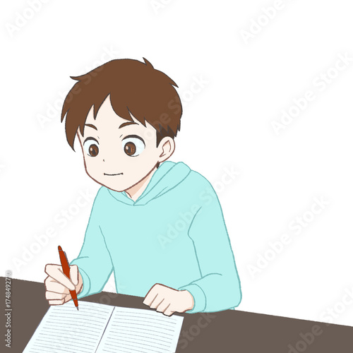 ノートに書き込み集中して勉強する男の子