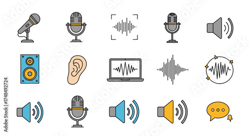 Collection of icons representing audio and sound technology elements including microphones speakers and waveform visualizations.