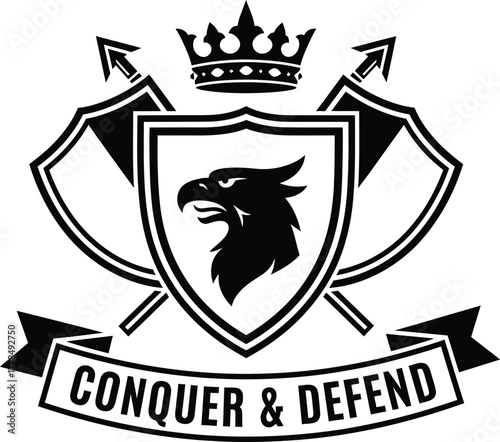 Heraldic emblem with eagle and conquer and defend motto