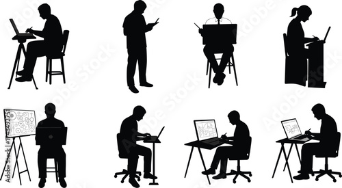 Creative Work and Technology Silhouette Vector Collection Featuring Diverse Digital Tasks, Remote Work Poses, and Artistic Activities for Modern Design Projects